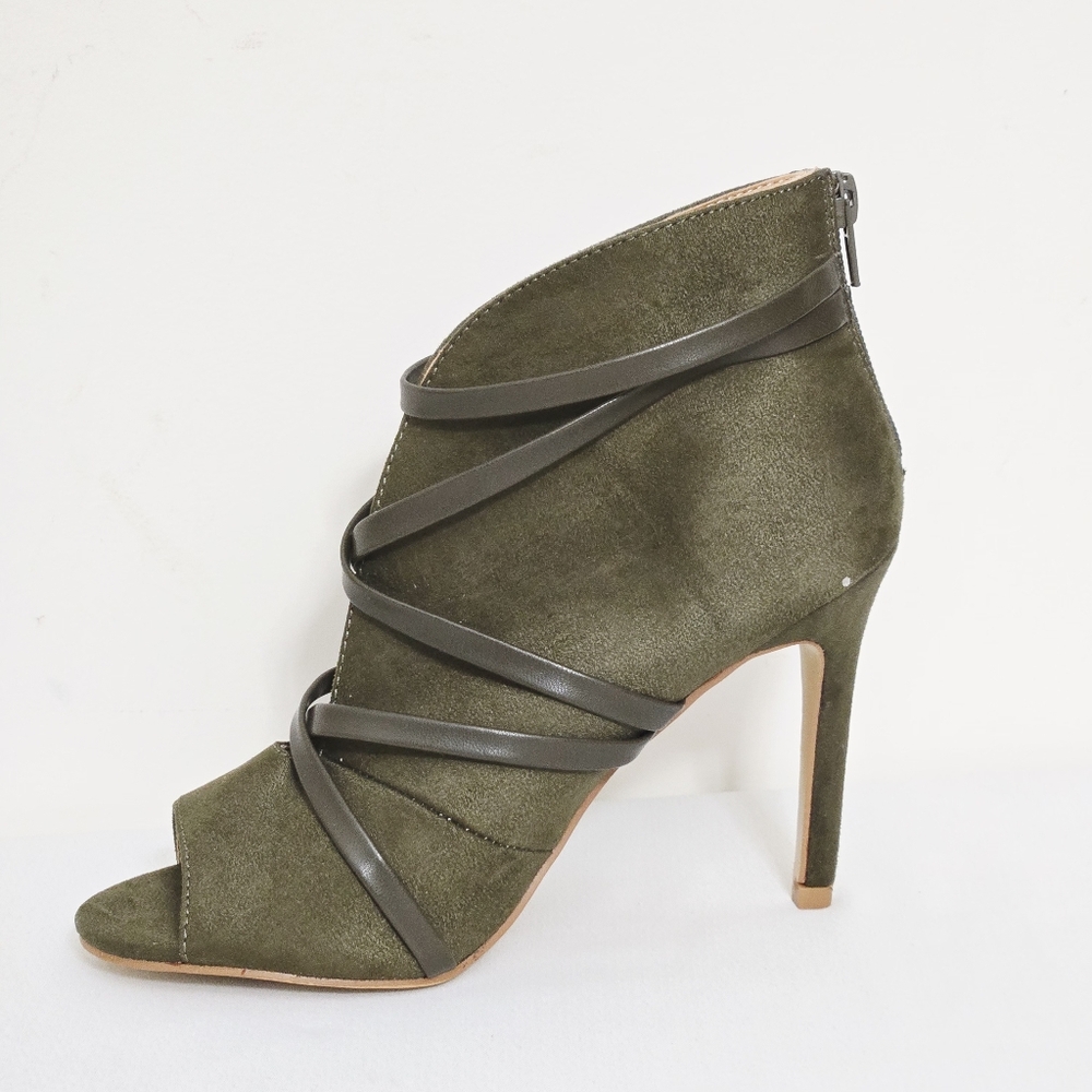 Journee Women Samara 5.5 Army Green Suede Ankle Zip Peep Toe Strap Stiletto Heel